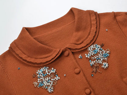 2025 Autumn New Heavy Industry Beaded Doll Collar Color Beaded Decoration Long-Sleeved Slim Short Sweater Jacket