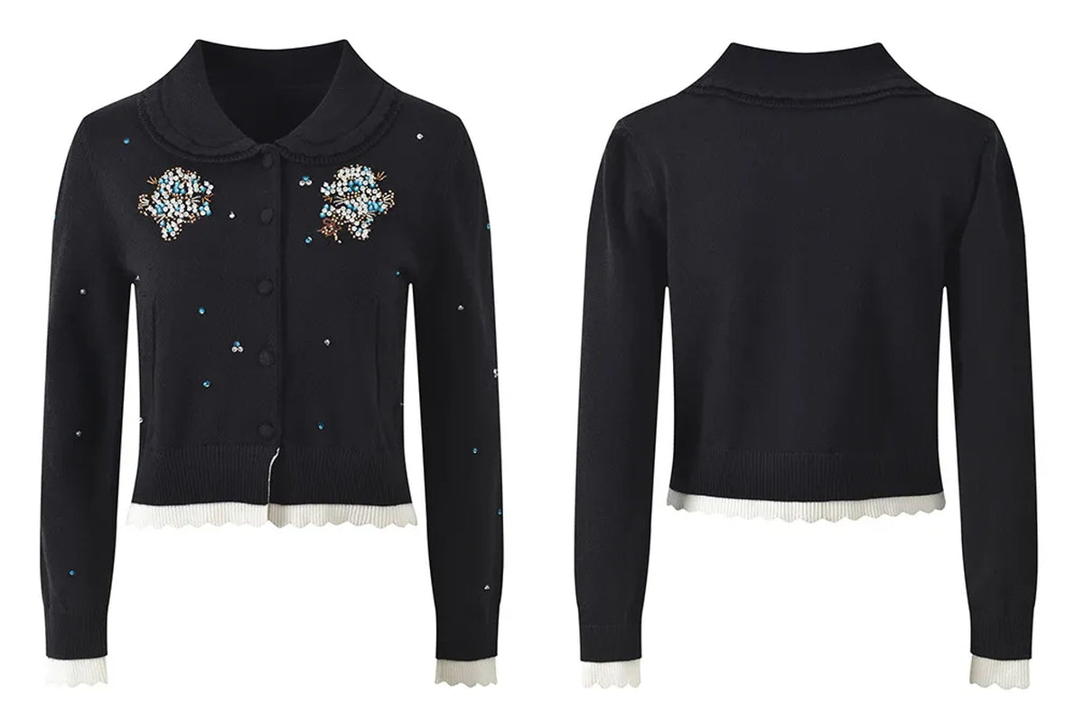 2025 Autumn New Heavy Industry Beaded Doll Collar Color Beaded Decoration Long-Sleeved Slim Short Sweater Jacket