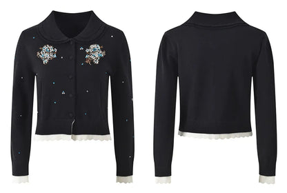 2025 Autumn New Heavy Industry Beaded Doll Collar Color Beaded Decoration Long-Sleeved Slim Short Sweater Jacket
