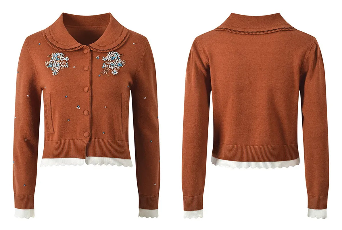 2025 Autumn New Heavy Industry Beaded Doll Collar Color Beaded Decoration Long-Sleeved Slim Short Sweater Jacket