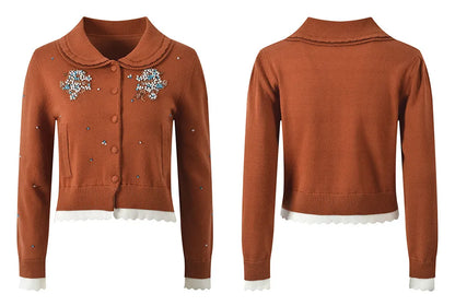 2025 Autumn New Heavy Industry Beaded Doll Collar Color Beaded Decoration Long-Sleeved Slim Short Sweater Jacket