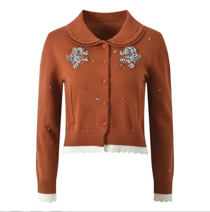 2025 Autumn New Heavy Industry Beaded Doll Collar Color Beaded Decoration Long-Sleeved Slim Short Sweater Jacket