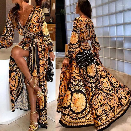 Casual Dresses Womens Boho V-Neck Vintage Printed Dress Large Swing Split Sundress Long Maxi for Summer