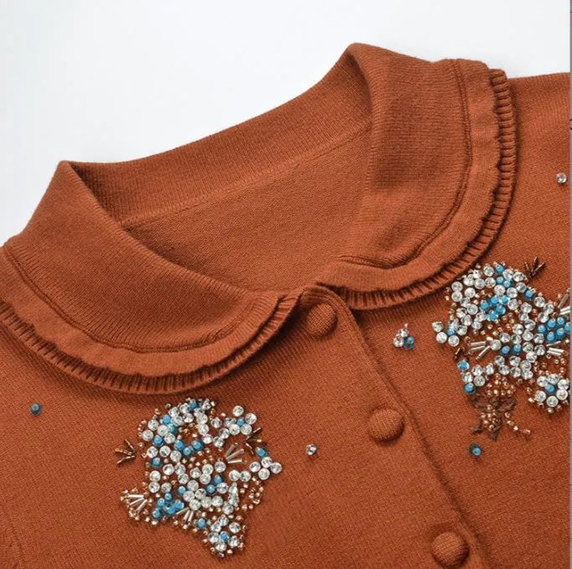 2025 Autumn New Heavy Industry Beaded Doll Collar Color Beaded Decoration Long-Sleeved Slim Short Sweater Jacket