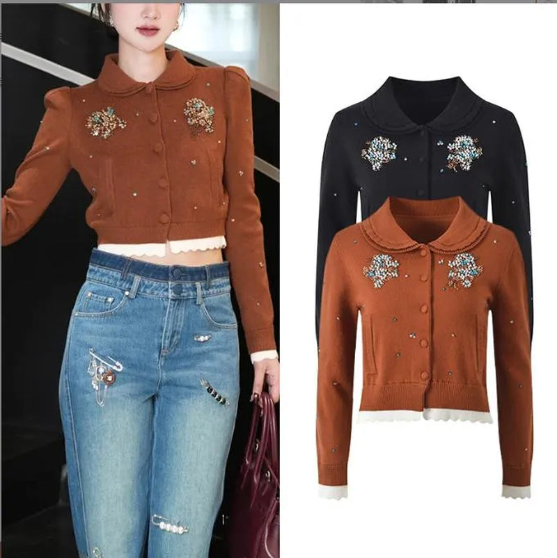 2025 Autumn New Heavy Industry Beaded Doll Collar Color Beaded Decoration Long-Sleeved Slim Short Sweater Jacket