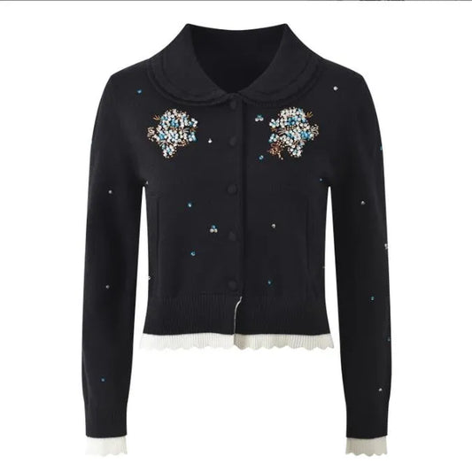 2025 Autumn New Heavy Industry Beaded Doll Collar Color Beaded Decoration Long-Sleeved Slim Short Sweater Jacket